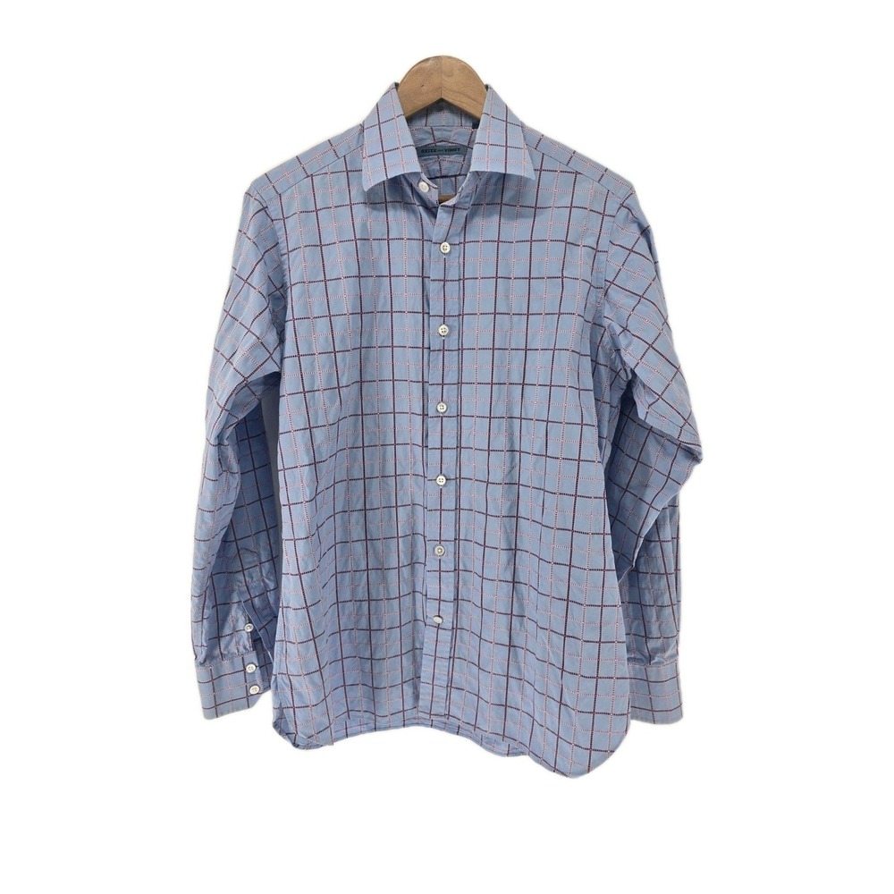 Seize sur Vingt Dress Shirt Men 15.5 Blue Windowpane Plaid Long Sleeve Button Up